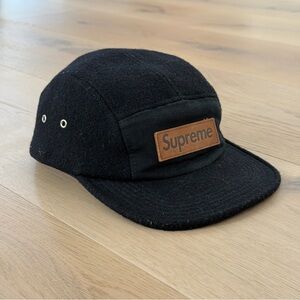 RARE Supreme Black Wool Box Camp Cap Hat with Brown Leather Logo